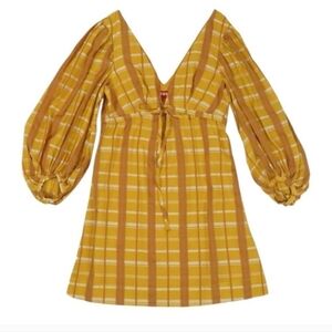 STAUD Keshi Dress Mustard Plaid Long Sleeve Mini Dress V neckline Size Large